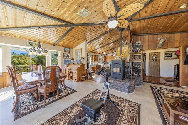 dining area with beam ceiling, a wood stove, wood walls, wood ceiling, and ceiling fan with notable chandelier