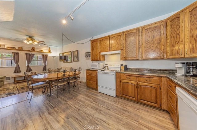 kitchen featuring ceiling fan, light hardwood / wood-style flooring, rail lighting, and white appliances