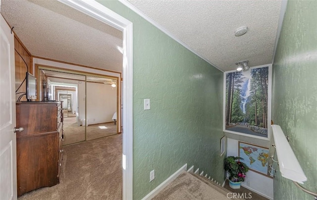 hallway with carpet flooring, crown molding, and a textured ceiling