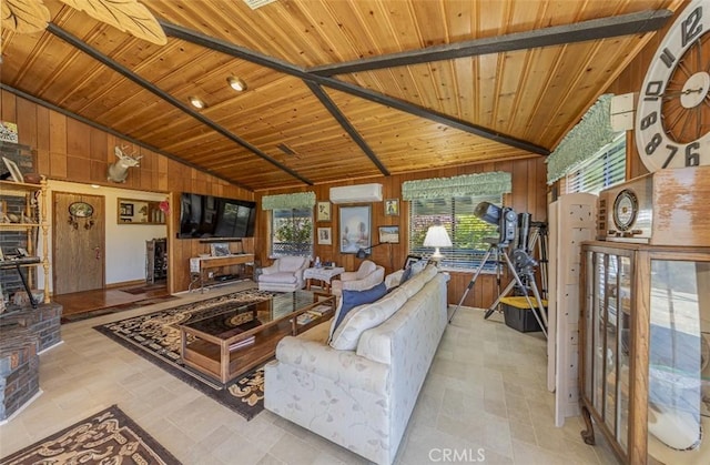 living room with wooden ceiling, a wall mounted air conditioner, vaulted ceiling, wooden walls, and light tile patterned floors