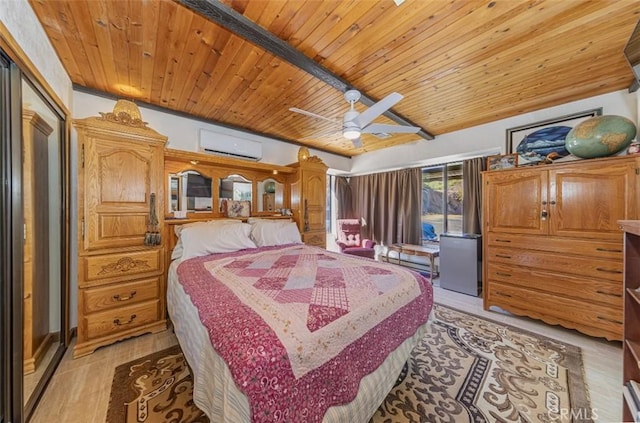 bedroom featuring a wall unit AC, ceiling fan, wooden ceiling, and light wood-type flooring