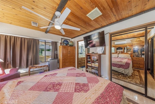 bedroom featuring ceiling fan, hardwood / wood-style floors, wood ceiling, and a wall mounted air conditioner