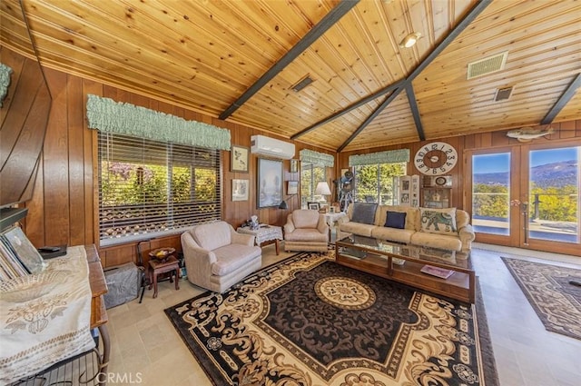 living room featuring wood walls, wooden ceiling, french doors, vaulted ceiling with beams, and a wall unit AC