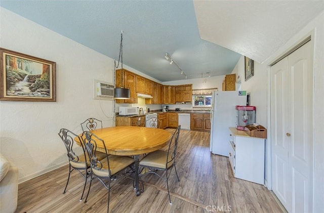 dining space with light hardwood / wood-style floors and track lighting