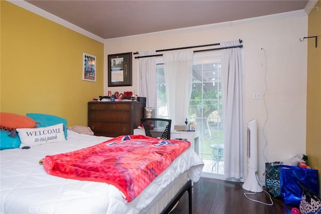 bedroom featuring dark hardwood / wood-style flooring and crown molding