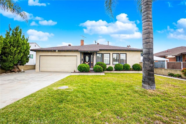 single story home featuring a front yard and a garage