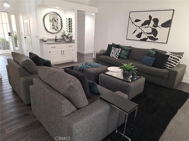 living room featuring sink and dark wood-type flooring