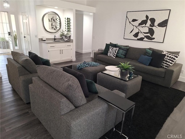 living room with sink and dark wood-type flooring