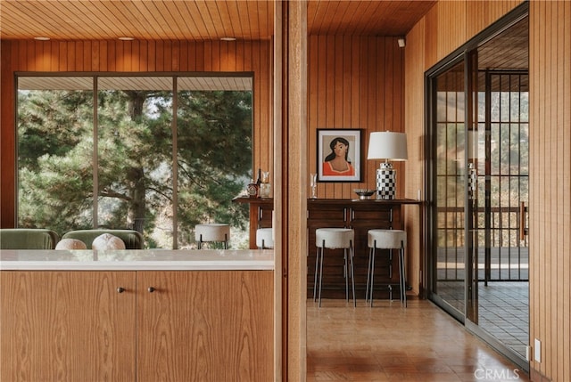 doorway featuring wooden ceiling and wooden walls