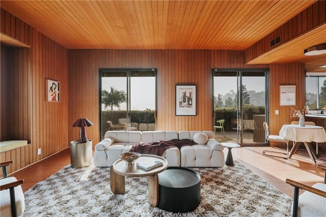 living room featuring wooden walls, a healthy amount of sunlight, and wood ceiling