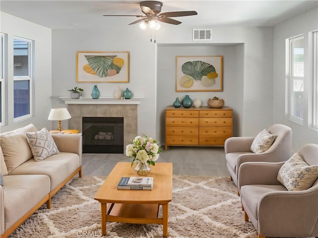 living room featuring ceiling fan