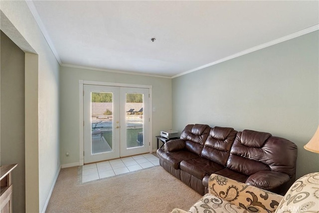 living room with light carpet, french doors, and crown molding