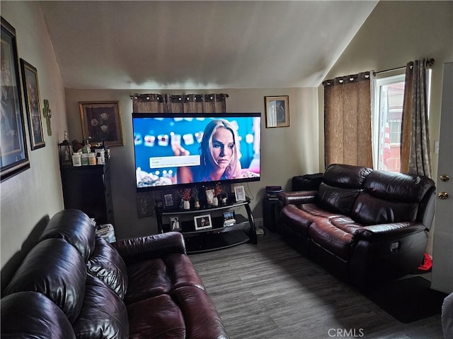 home theater room featuring lofted ceiling and wood finished floors