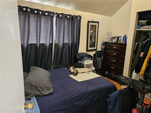 bedroom featuring vaulted ceiling and wood finished floors