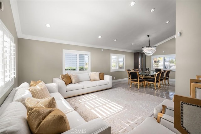 living room featuring crown molding, recessed lighting, and baseboards