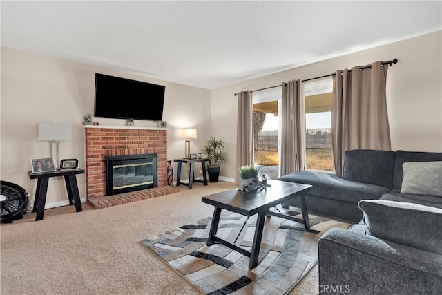 carpeted living room featuring a fireplace