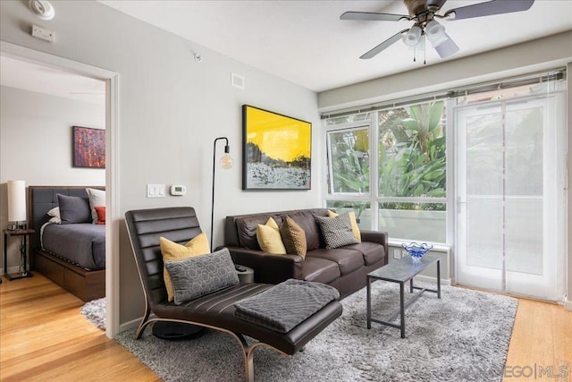 living room with wood-type flooring and ceiling fan