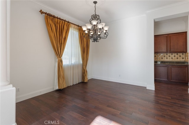 unfurnished dining area featuring a notable chandelier, dark hardwood / wood-style floors, and ornamental molding