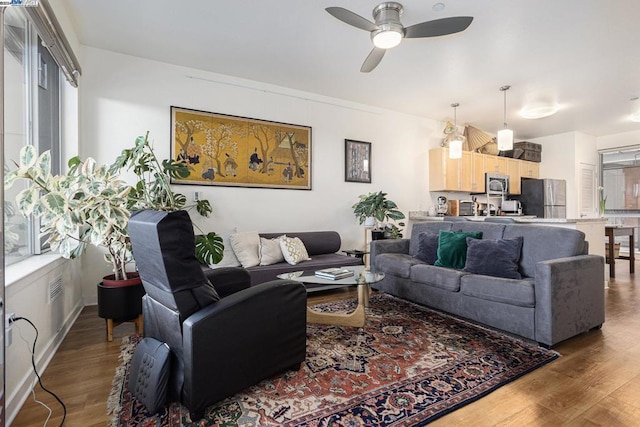 living room with ceiling fan and hardwood / wood-style floors