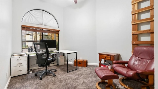 office featuring carpet and a towering ceiling