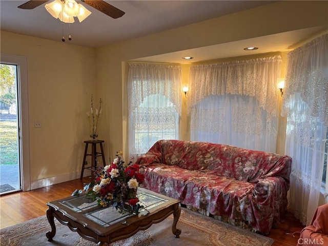 living room with ceiling fan and hardwood / wood-style flooring