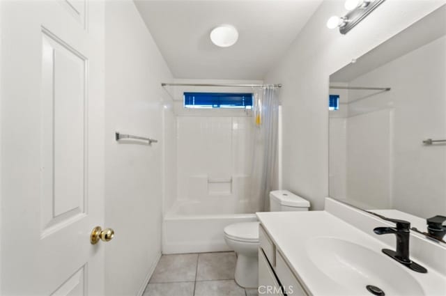 full bathroom with toilet, shower / bathtub combination with curtain, tile patterned floors, and vanity