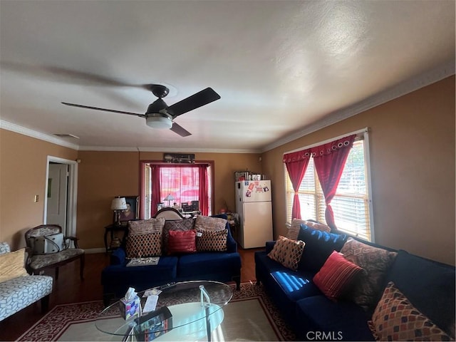 living room featuring ceiling fan, hardwood / wood-style flooring, and ornamental molding