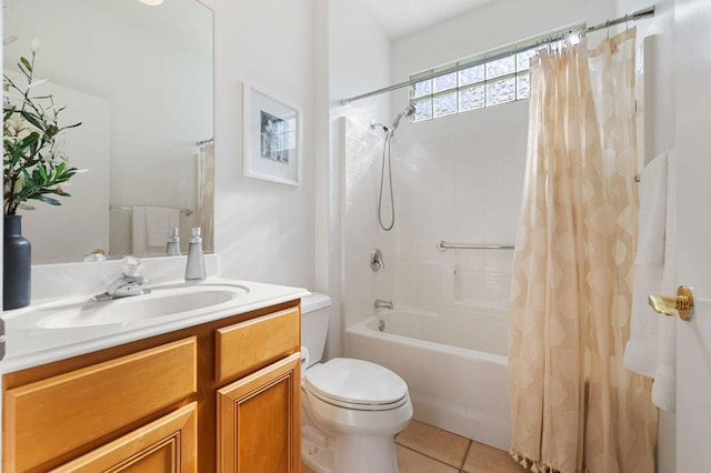 full bathroom with tile patterned floors, shower / bath combination with curtain, toilet, and vanity