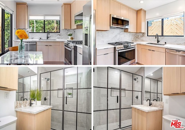 kitchen featuring appliances with stainless steel finishes, a kitchen island, light brown cabinetry, and sink