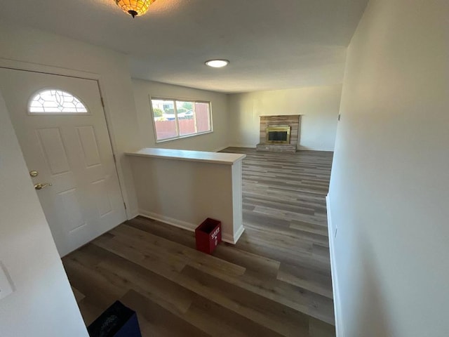 entryway featuring dark hardwood / wood-style floors and a brick fireplace