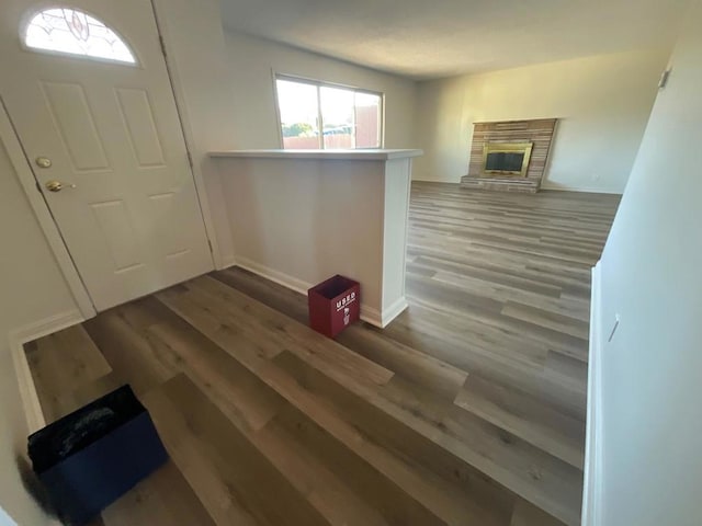 entryway with a fireplace and hardwood / wood-style floors