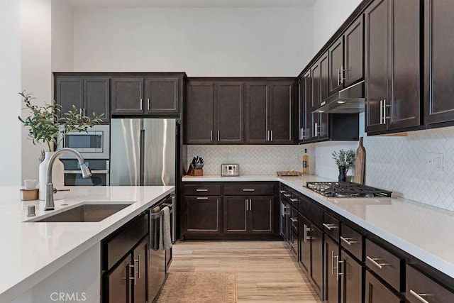 kitchen featuring backsplash, sink, stainless steel appliances, and light hardwood / wood-style floors