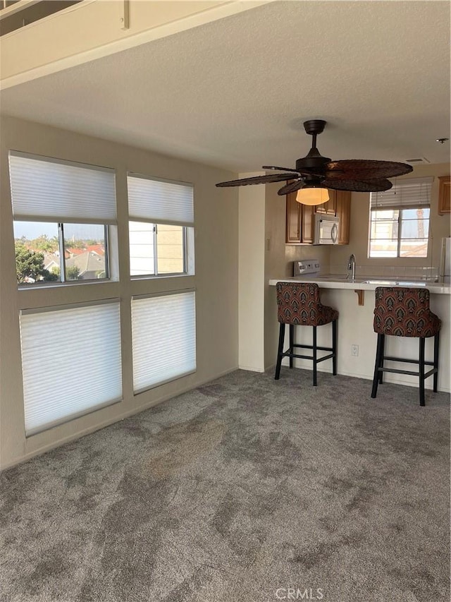 unfurnished living room featuring ceiling fan, sink, carpet, and a textured ceiling