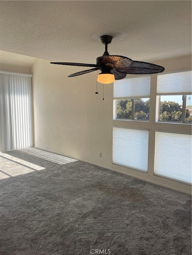 empty room featuring plenty of natural light, ceiling fan, and carpet floors