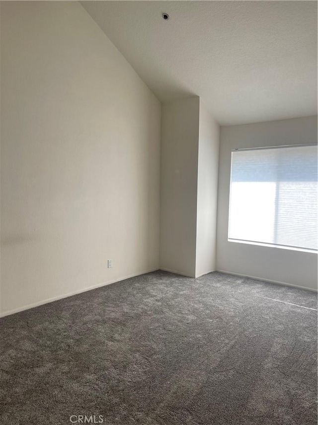 empty room featuring carpet, a textured ceiling, and vaulted ceiling