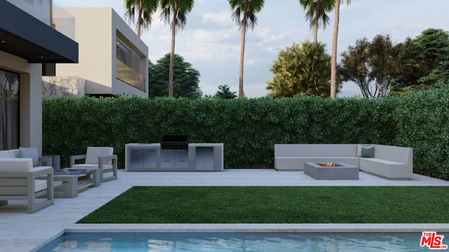 view of pool with a patio area, a yard, a fire pit, grilling area, and area for grilling