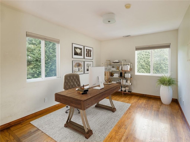 office space with hardwood / wood-style floors