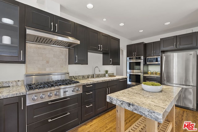 kitchen with appliances with stainless steel finishes, light wood-type flooring, light stone counters, and sink