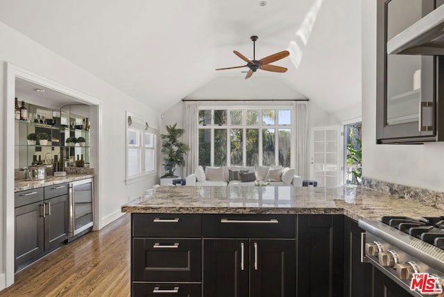 kitchen featuring wood-type flooring, vaulted ceiling, ceiling fan, and light stone counters