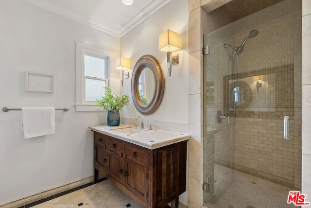 bathroom featuring tile patterned flooring, vanity, walk in shower, and crown molding