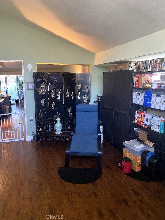 living area with lofted ceiling and dark wood-type flooring