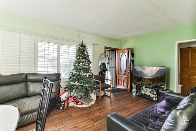 living room with dark hardwood / wood-style floors