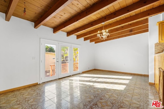 unfurnished living room featuring wooden ceiling, beam ceiling, and a notable chandelier