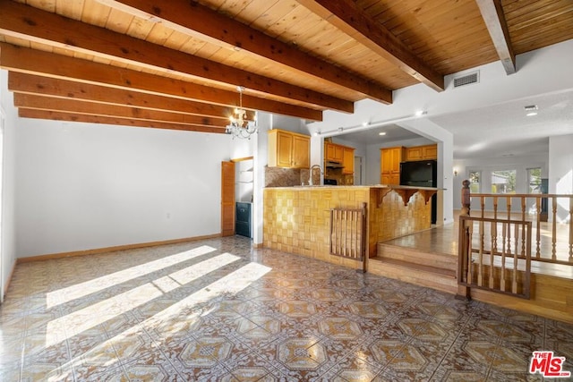 interior space featuring a notable chandelier, sink, wood ceiling, and beamed ceiling