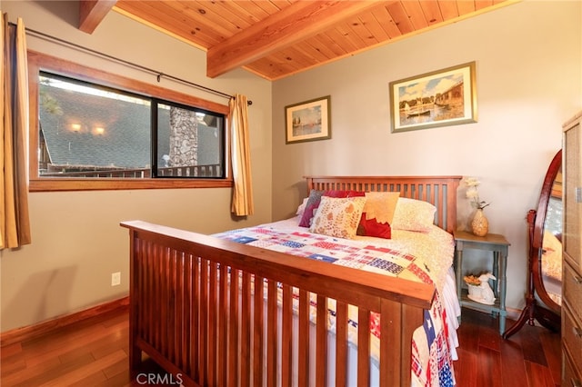 bedroom with beam ceiling, dark hardwood / wood-style flooring, and wood ceiling