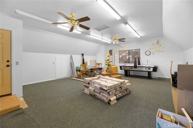 miscellaneous room with carpet, vaulted ceiling, and ceiling fan