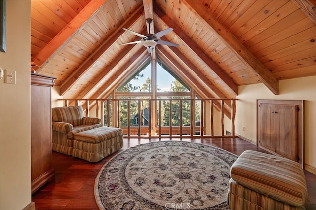 sitting room with vaulted ceiling with beams, ceiling fan, dark hardwood / wood-style flooring, and wood ceiling