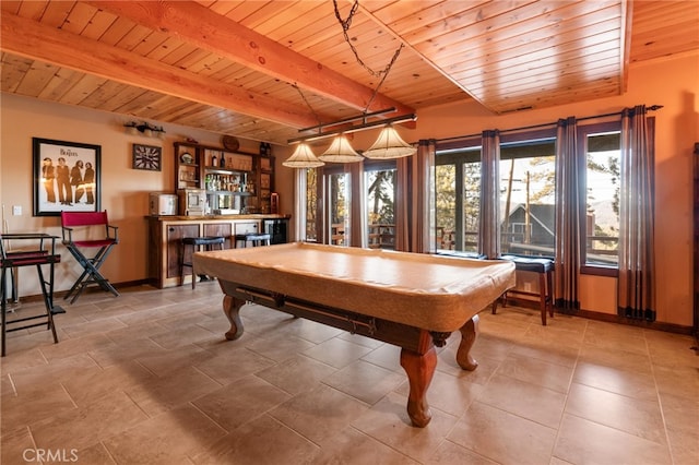 recreation room featuring beamed ceiling, wood ceiling, billiards, and indoor bar