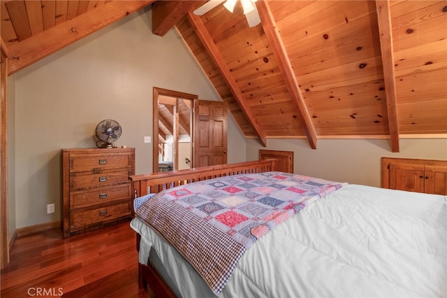 bedroom with lofted ceiling with beams, wooden ceiling, ceiling fan, and dark wood-type flooring