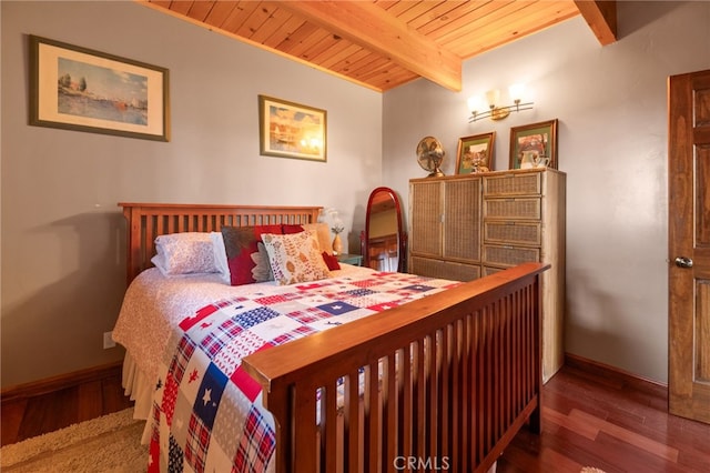 bedroom featuring beam ceiling, wooden ceiling, and wood-type flooring